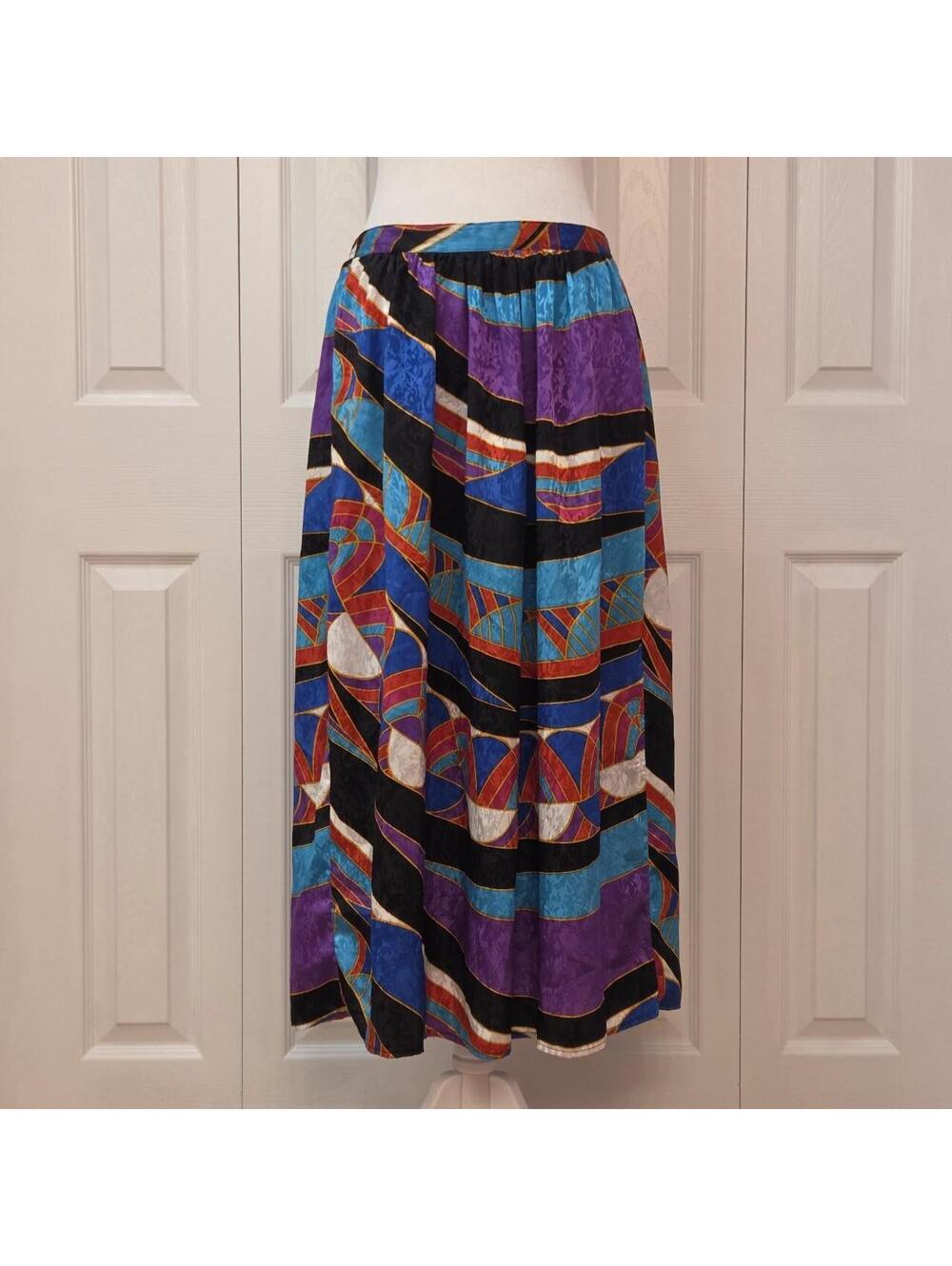 Vintage 70s Abstract Geometric Print Midi Skirt Size 10 (S) Retro Mod Boho Beach